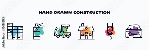 hand drawn construction outline icons set. thin line icons such as constructing a brick wall, paint spray can, truck with crane, house hand drawn building, pulley hook, toolbox hand drawn tool icon