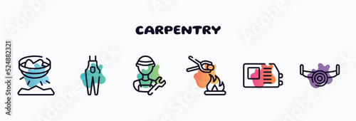 carpentry outline icons set. thin line icons such as panning, overalls, plumber, furnace, welding hine, sawmill icon collection. can be used web and mobile.