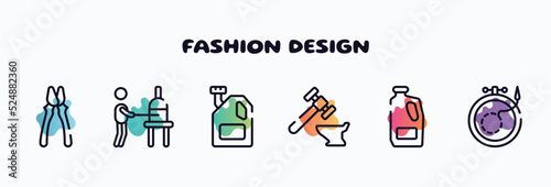 fashion design outline icons set. thin line icons such as clamps, glassblowing, engine oil, blacksmith, detergent, embroidery icon collection. can be used web and mobile.