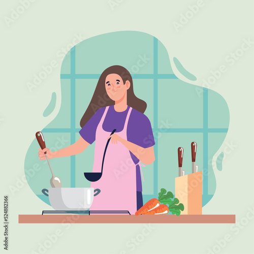 woman cooking wearing pink apron