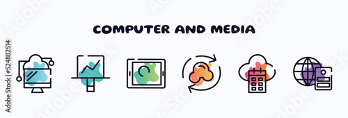 computer and media outline icons set. thin line icons such as data transference by internet, screen canvas, touch screen, synchronize with internet, calendar on cloud, server with the earth icon