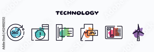 technology outline icons set. thin line icons such as 360 degrees, infected folder, card reader, jpg, nas, wind turbine icon collection. can be used web and mobile.