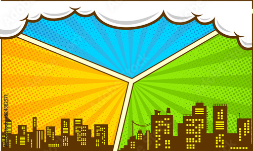 Comic colorful pop art background with city silhouette