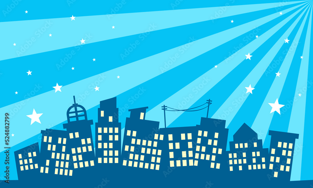 Fototapeta premium Comic burst blue background with city silhouette