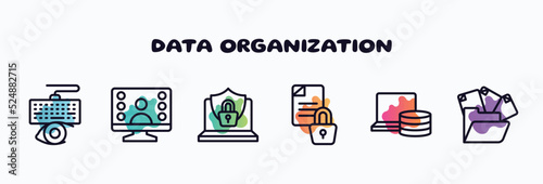 data organization outline icons set. thin line icons such as keylogger, null, internet security, encrypted data, computer storage, unstructured data icon collection. can be used web and mobile.