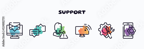 support outline icons set. thin line icons such as computer screen with message, discuss issue, customer problem, satellite tv, support tools, smarphone tings icon collection. can be used web and