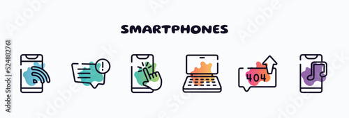 smartphones outline icons set. thin line icons such as wireless phone, message problem, phone with touch screen, notebook computer, error sending message, phone music icon collection. can be used