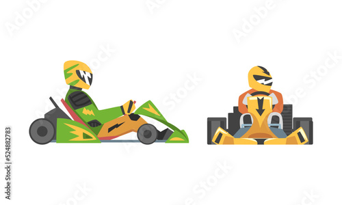 Side and front view of professional racing driver sitting in race car set cartoon vector illustration