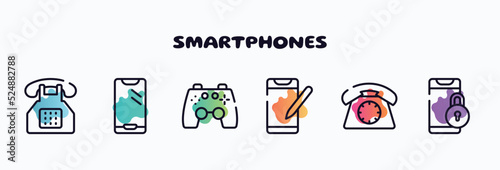 smartphones outline icons set. thin line icons such as push buttons phone, new mobile phone, ps4 gamepad, phone crayon, dial locked icon collection. can be used web and mobile.