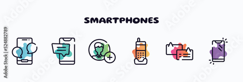 smartphones outline icons set. thin line icons such as phone with message, cellphone ., add contact, phone home, chat bubbles with, phone icon collection. can be used web and mobile.