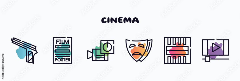 cinema outline icons set. thin line icons such as hitman, film poster, turn on, tragedy, freeze frame, footage icon collection. can be used web and mobile.