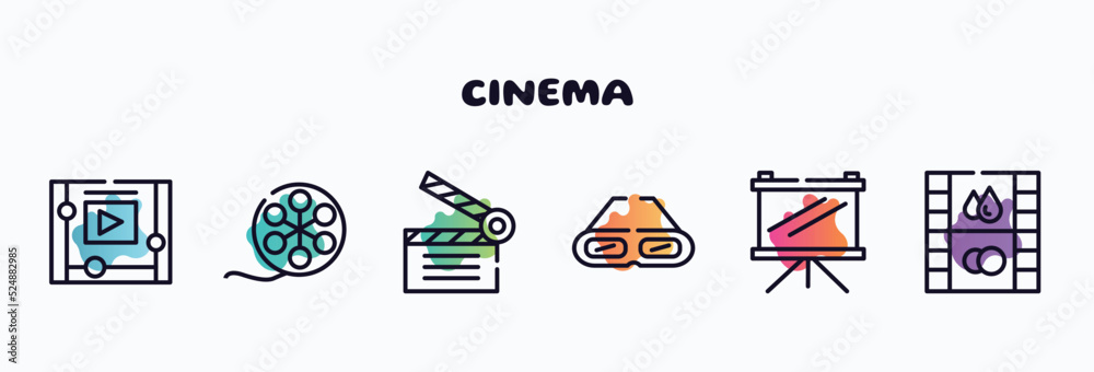 Naklejka premium cinema outline icons set. thin line icons such as watching a video on a tablet, film roll side view, movie clapper, old 3d glasses, fabric for movies, image fotogram icon collection. can be used web