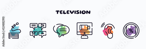 television outline icons set. thin line icons such as hose, message types, bubble chat, videocall, hear, ratio icon collection. can be used web and mobile.