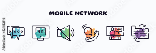mobile network outline icons set. thin line icons such as on, 4k, muted, voip, on, file transfer icon collection. can be used web and mobile.