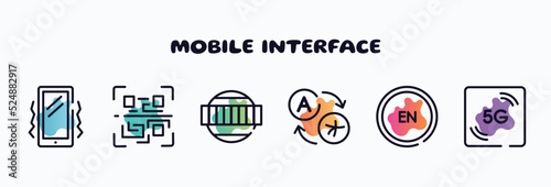 mobile interface outline icons set. thin line icons such as vibration, qr scan, test card, translator, english language, 5g icon collection. can be used web and mobile.