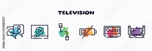 television outline icons set. thin line icons such as anniversary, video stream, communicator, low battery, live sports, home theater icon collection. can be used web and mobile.