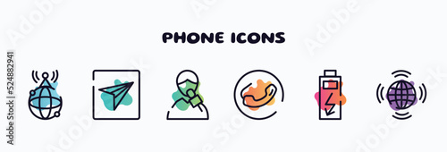 phone icons outline icons set. thin line icons such as world wide internet, send message, male reporter, phone receiver, charge, worldwide transmissions icon collection. can be used web and mobile.