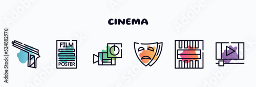 cinema outline icons set. thin line icons such as hitman, film poster, turn on, tragedy, freeze frame, footage icon collection. can be used web and mobile.
