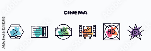 cinema outline icons set. thin line icons such as movie player, prompt box, hd movie, home cinema, hd, film star icon collection. can be used web and mobile.