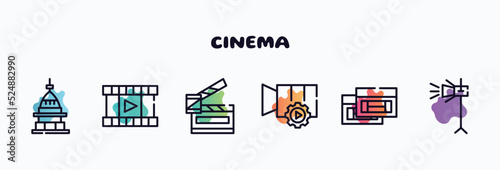 cinema outline icons set. thin line icons such as mole antonelliana in turin, film strip with play triangle, slapstick open, video tings, null, movie light icon collection. can be used web and