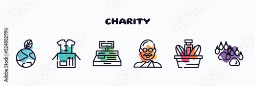 charity outline icons set. thin line icons such as enviromental protection, clothes donation, cash box, , charity food, dog pawprint icon collection. can be used web and mobile.