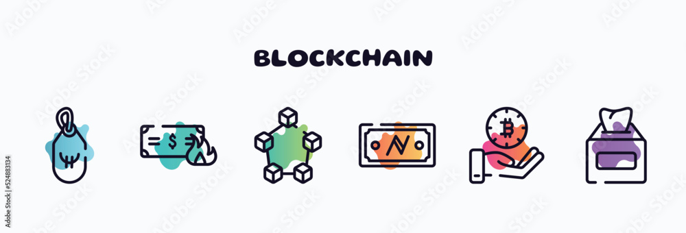 blockchain outline icons set. thin line icons such as influencer, outcome, trojan, workplace, rejected, aorithm icon collection. can be used web and mobile.