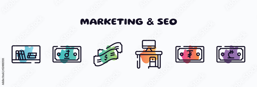 marketing & seo outline icons set. thin line icons such as basic needs, mailman, wrap, halving, criminal, affiliate icon collection. can be used web and mobile.