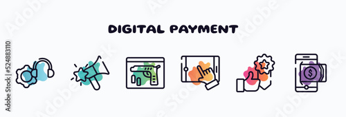 digital payment outline icons set. thin line icons such as technical support, favourites, evidence, touch screen, best seller, withdraw icon collection. can be used web and mobile.