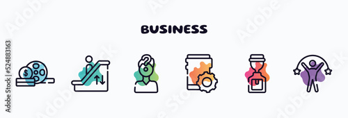 business outline icons set. thin line icons such as devaluation, pen container, retailer, coworking, worldwide, pathway icon collection. can be used web and mobile.