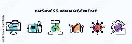 business management outline icons set. thin line icons such as miner, enquiry, bid, contact book, proof of burn, planing icon collection. can be used web and mobile.