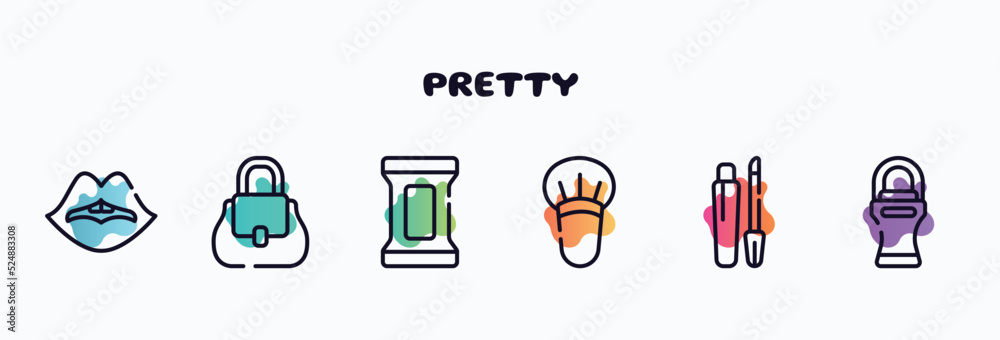 pretty outline icons set. thin line icons such as woman lips, women handbag, makeup remover wipes, blush brush, gloss, roll on deodorant icon collection. can be used web and mobile. pretty outline icons set. thin line icons such as woman lips, women handbag, makeup remover wipes, blush brush, gloss, roll on deodorant icon collection. can be used web and mobile.