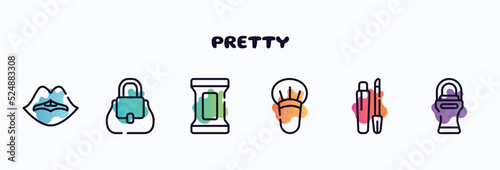 pretty outline icons set. thin line icons such as woman lips, women handbag, makeup remover wipes, blush brush, gloss, roll on deodorant icon collection. can be used web and mobile.