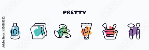pretty outline icons set. thin line icons such as ointment, cleaning wipes, three stones, anti aging cream, little makeup box, makeup brushes icon collection. can be used web and mobile.