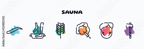 sauna outline icons set. thin line icons such as eyebrows, soak, birch whisk, mesotherapy, genioplasty, ax icon collection. can be used web and mobile.