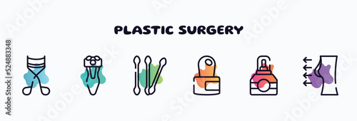 plastic surgery outline icons set. thin line icons such as eyelashes curler, electric shaver, cotton swab, cuticle, cologne, breast enlargement icon collection. can be used web and mobile.