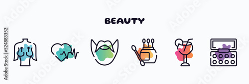 beauty outline icons set. thin line icons such as mastopexy, hearts, hipster, earbuds, margarita, eyeshadow icon collection. can be used web and mobile.