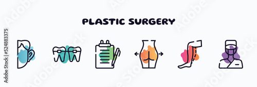 plastic surgery outline icons set. thin line icons such as otoplasty, braces, medical report, gluteus, calf, surgeon icon collection. can be used web and mobile.