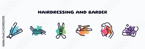 hairdressing and barber outline icons set. thin line icons such as razor hair salon tool, sunbed, scissors opened tool, hair straighter and hair curler, woman head side view, shaving foam icon