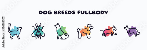 dog breeds fullbody outline icons set. thin line icons such as bengal cat, null, akitas, poodle, bulterrier, collie icon collection. can be used web and mobile.