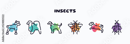 insects outline icons set. thin line icons such as chinese crested, japanese chin, afghan hound, sawfly, dog scaping, red soldier beetle icon collection. can be used web and mobile. © VectorStockDesign