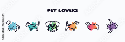 pet lovers outline icons set. thin line icons such as scold the dog, jack russell terrier, dog moustache, jack russel terrier, bas hound, angelfish icon collection. can be used web and mobile.