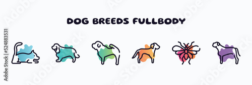 dog breeds fullbody outline icons set. thin line icons such as laying cat, english cocker spaniel, shar pei, springer spaniel, null, bullmastiff icon collection. can be used web and mobile. © VectorStockDesign