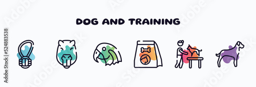 dog and training outline icons set. thin line icons such as rope toy, capybara head, parrot head, cat food, dog and veterinarian, great dane icon collection. can be used web and mobile.