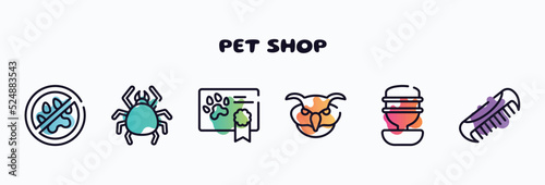 pet shop outline icons set. thin line icons such as no animals, big mite, health certificate, owl head, water replenisher, pet comb icon collection. can be used web and mobile. photo