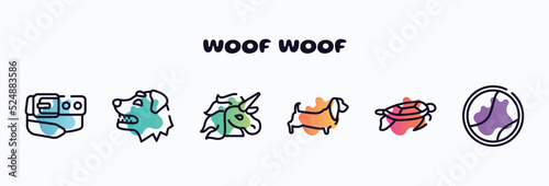 woof woof outline icons set. thin line icons such as belt and buckle, border collie dog head, unicorn, dog with long ears, swimming turtle, tennis ball icon collection. can be used web and mobile.