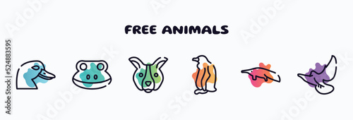 free animals outline icons set. thin line icons such as duck head  frog head  dog face  sitting penguin  sitting anteater  flying dove icon collection. can be used web and mobile.