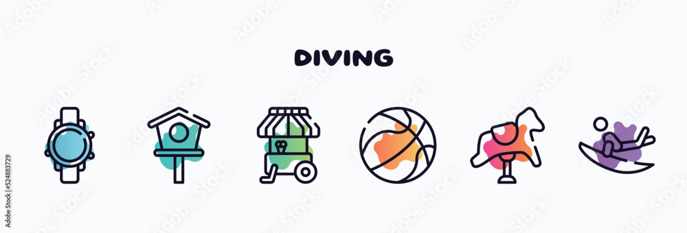 diving outline icons set. thin line icons such as diving watch, birdhouse, ice cream cart, basketball ball, rocking horse, surf icon collection. can be used web and mobile.