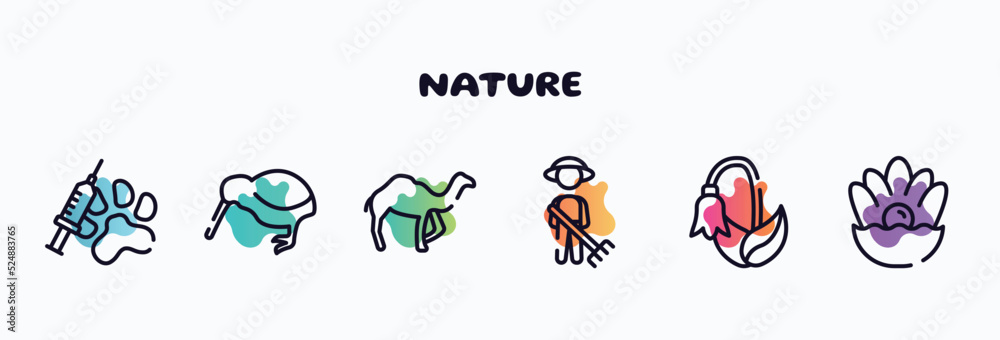 nature outline icons set. thin line icons such as vaccine, kiwi, dromedary, cleaner, harebell, pearl icon collection. can be used web and mobile.