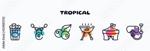 tropical outline icons set. thin line icons such as popcorn, locks, berries, , circus, snorkel icon collection. can be used web and mobile.