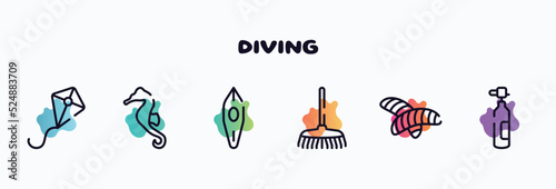 diving outline icons set. thin line icons such as kite, seahorse, canoe, rake, null, oxygen tank icon collection. can be used web and mobile.